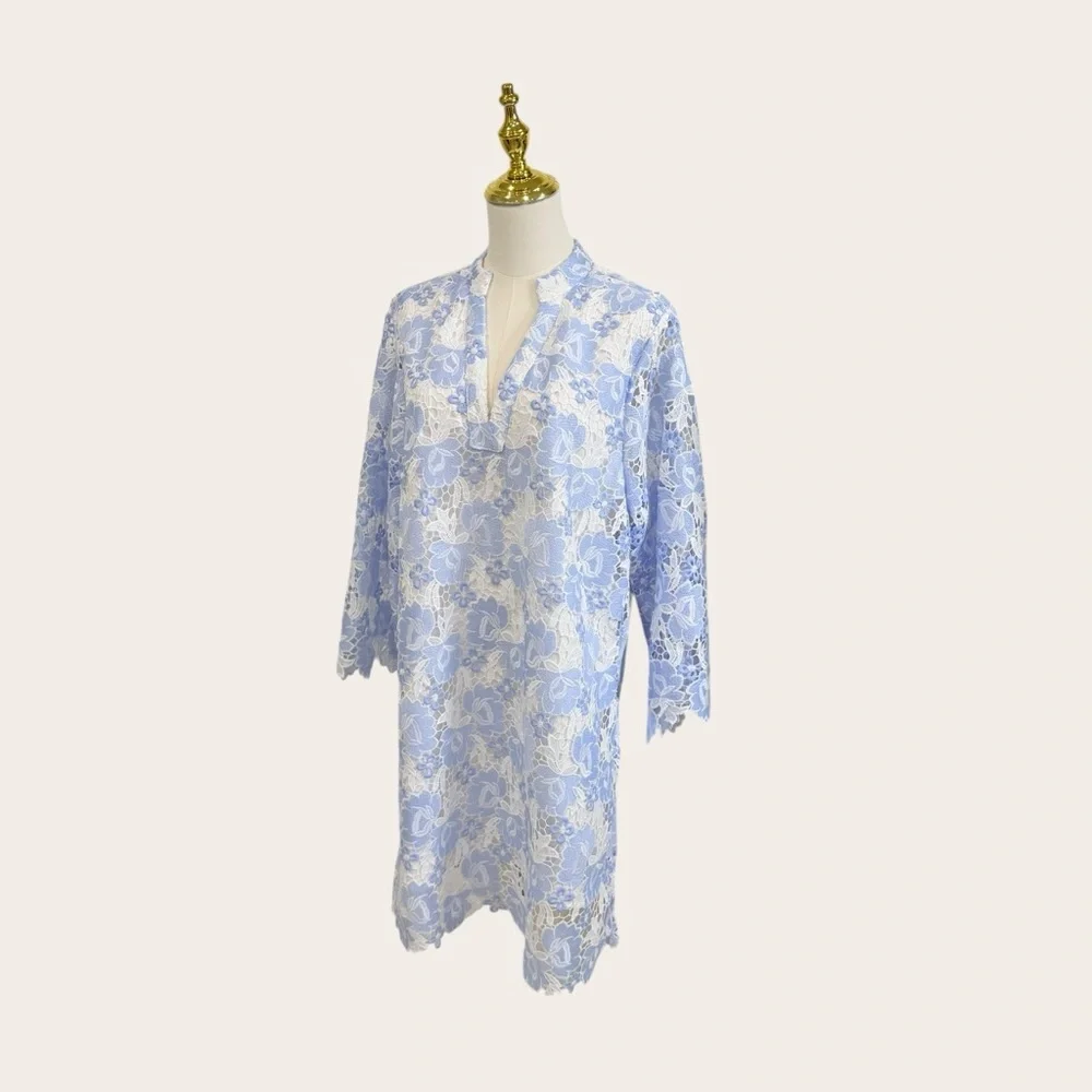J. Marie Small Maggie Light Blue White Lace Short Dress Kaftan 3/4 Sleeve NWT - Picture 11 of 13